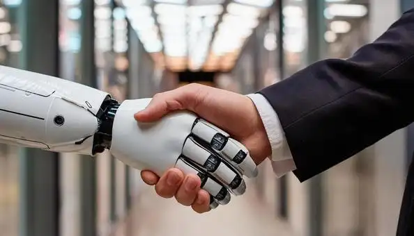 Human and robot hands shaking